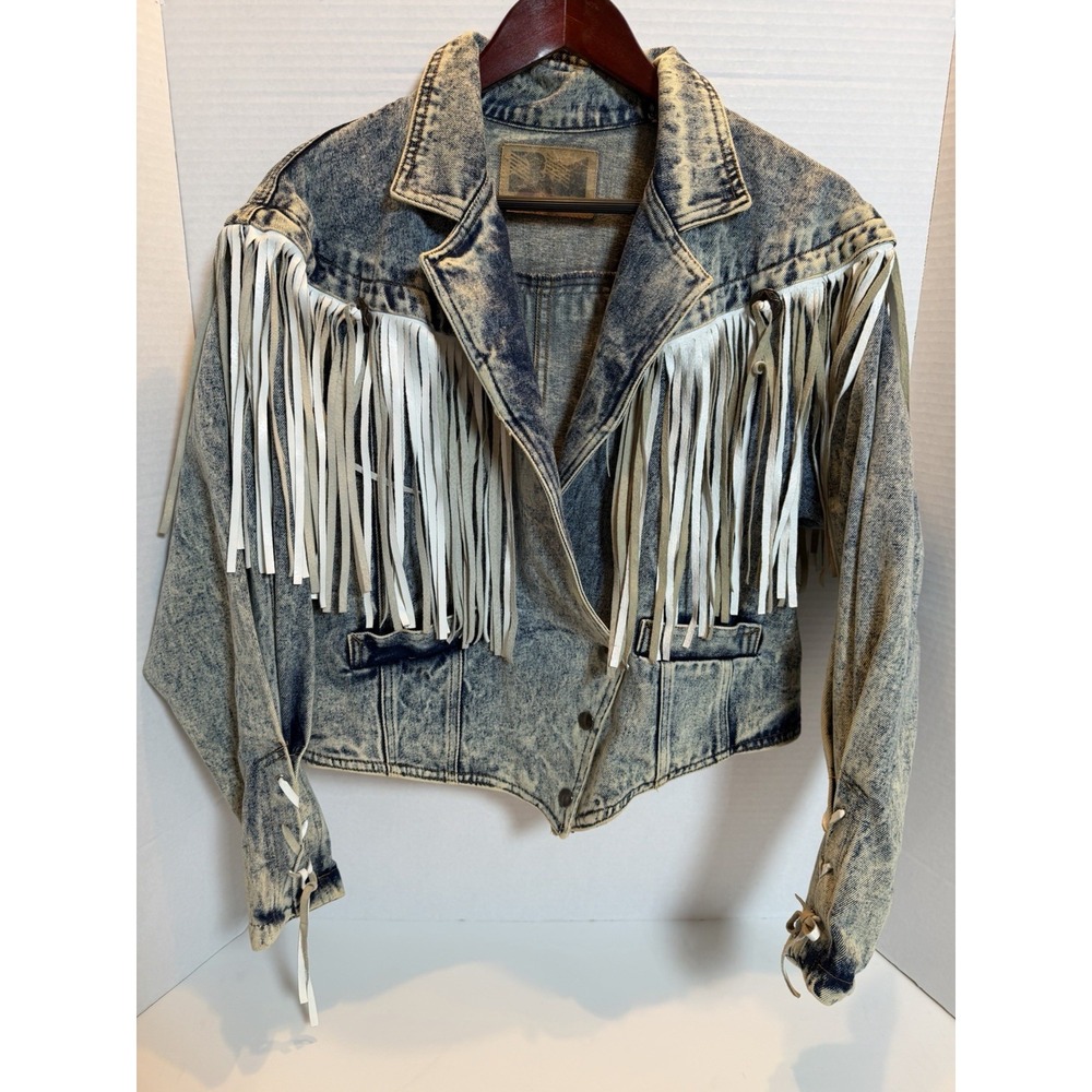 Vintage British Mist Denim Jacket with Fringe and Laced Sleeves Medium